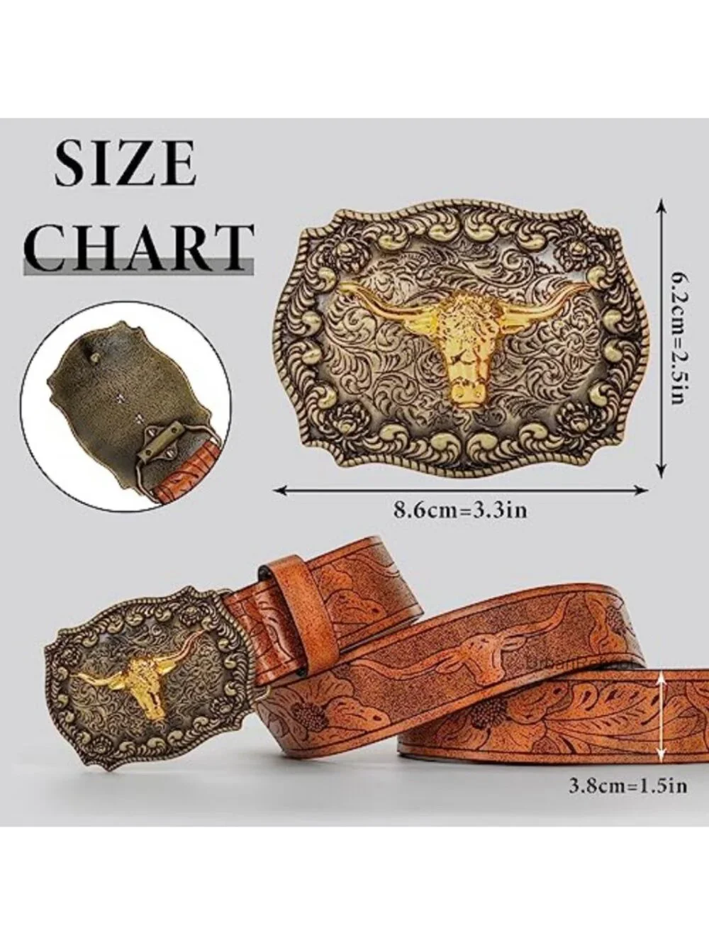 Western PU-Leather Cowboy Belt with Engraved Floral Longhorn Bull Buckle Unisex